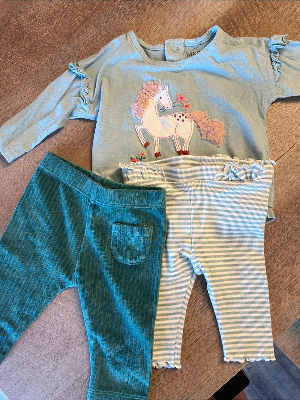 0-3 months Baby Unicorn with Green Corduroy & Striped Pants Set